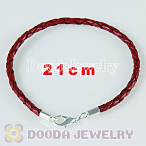 21cm red braided leather chain, silver plated lobster clasp fit Charm Jewelry Bracelet