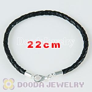 22cm black braided leather chain, silver plated lobster clasp fit Charm Jewelry Bracelet