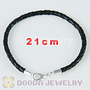 21cm black braided leather chain, silver plated lobster clasp fit Charm Jewelry Bracelet