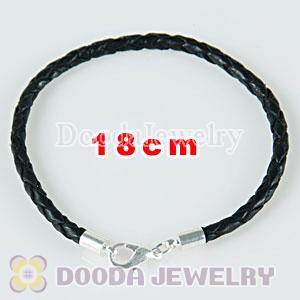 18cm black braided leather chain, silver plated lobster clasp fit Charm Jewelry Bracelet