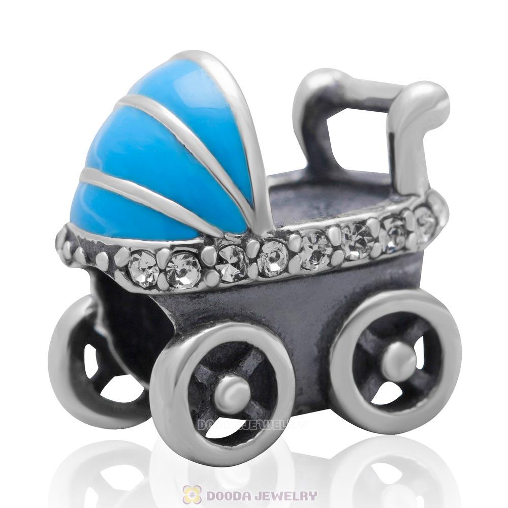 925 Sterling Silver Baby Carriage Charm Bead with Clear Australian Crystals
