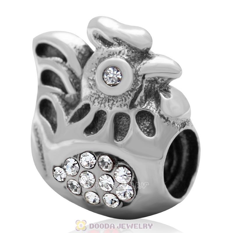925 Sterling Silver Animal Rooster with Clear Australian Crystals Bead 