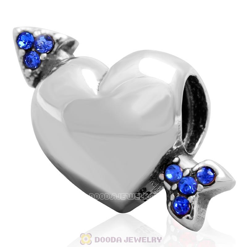 925 Sterling Silver Heart Arrow of Cupid Love Bead with Sapphire Crystals