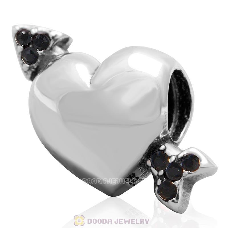 925 Sterling Silver Heart Arrow of Cupid Love Bead with Jet Crystals