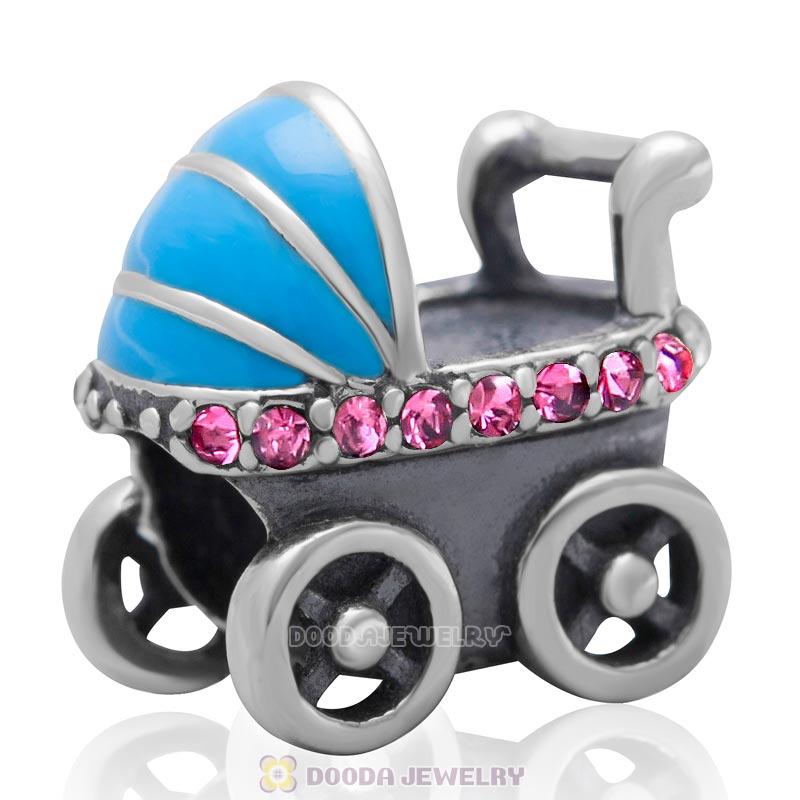 925 Sterling Silver Baby Carriage Charm Bead with Rose Australian Crystals