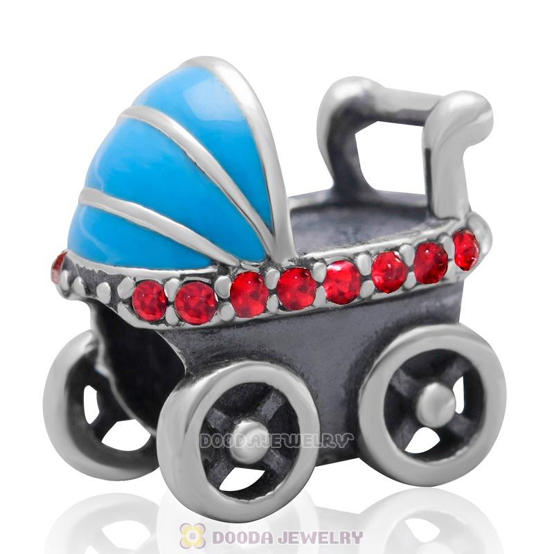925 Sterling Silver Baby Carriage Charm Bead with Lt Siam Australian Crystals