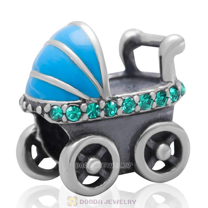 925 Sterling Silver Baby Carriage Charm Bead with Emerald Australian Crystals