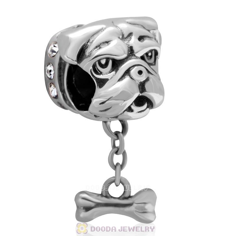 925 Sterling Silver Shar-Pei Dangle Bone Charms with Clear Australian Crystal