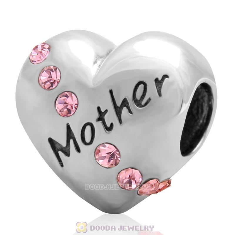 925 Sterling Silver Lt Rose Crystal Mother Heart Love Bead