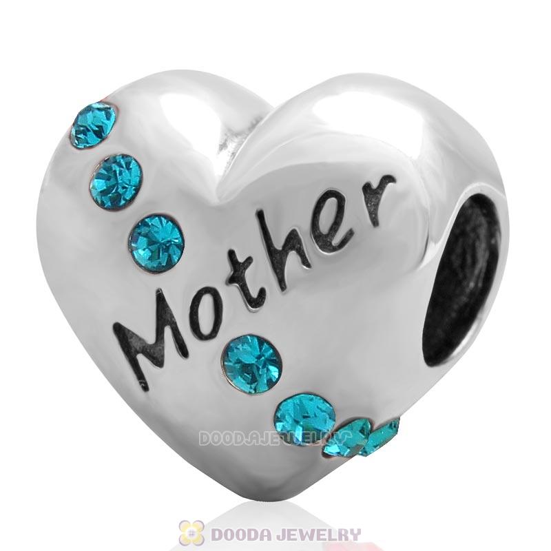 925 Sterling Silver Blue Zircon Crystal Mother Heart Love Bead