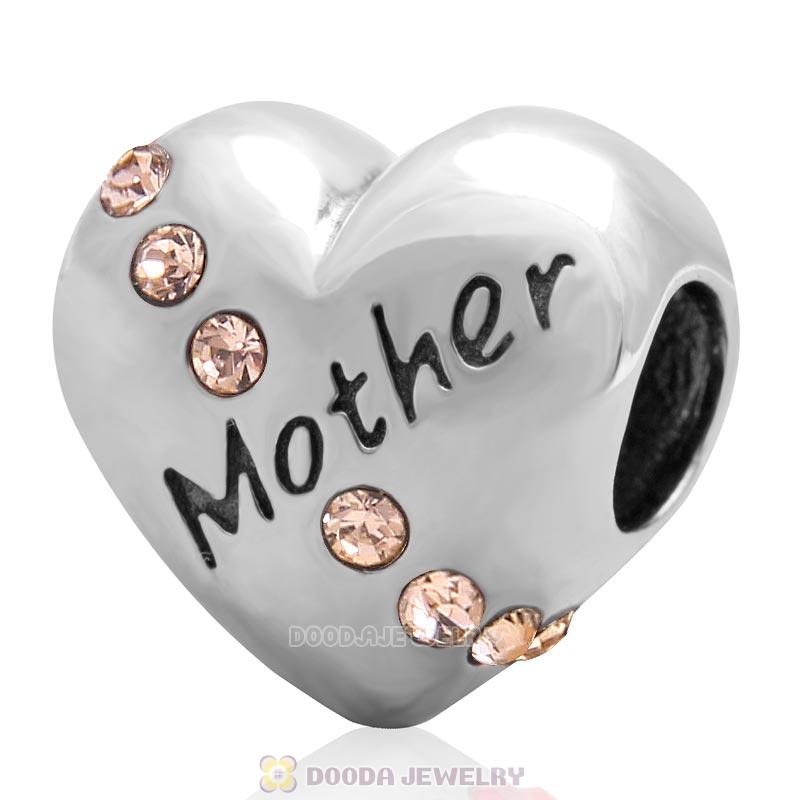 925 Sterling Silver Lt Peach Crystal Mother Heart Love Bead