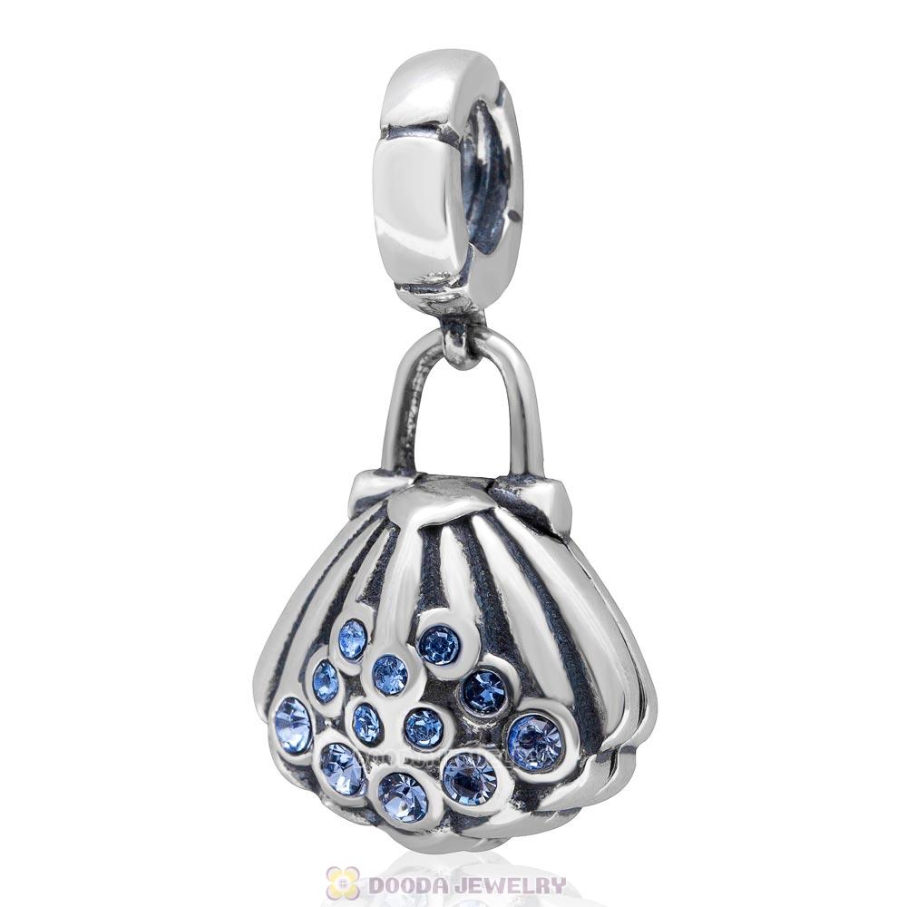 925 Sterling Silver Pearl Shell Lt Sapphire Crystal Dangling Charms