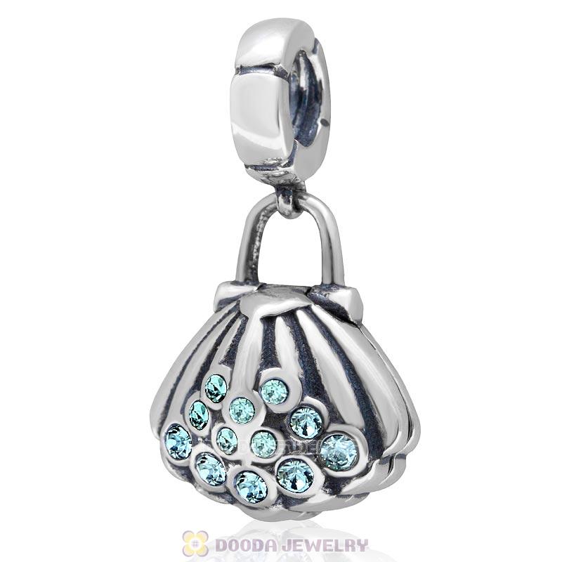 925 Sterling Silver Pearl Shell Aquamarine Crystal Dangling Charms
