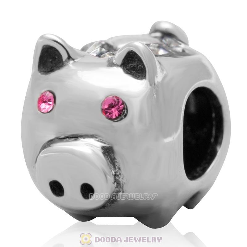 925 Sterling Silver Cute Pig with Clear Love Crystal Charm Bead