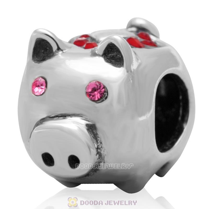 925 Sterling Silver Cute Pig with Lt Siam Love Crystal Charm Bead