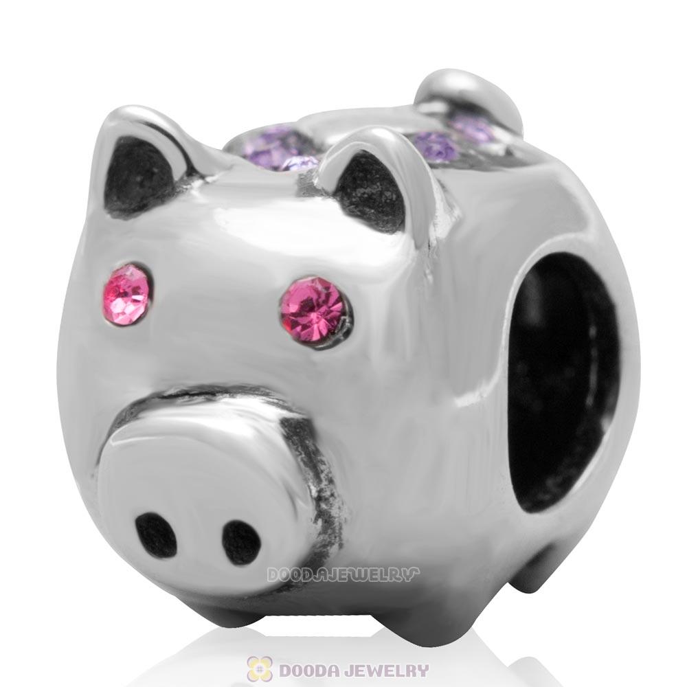 925 Sterling Silver Cute Pig with Tanzanite Love Crystal Charm Bead