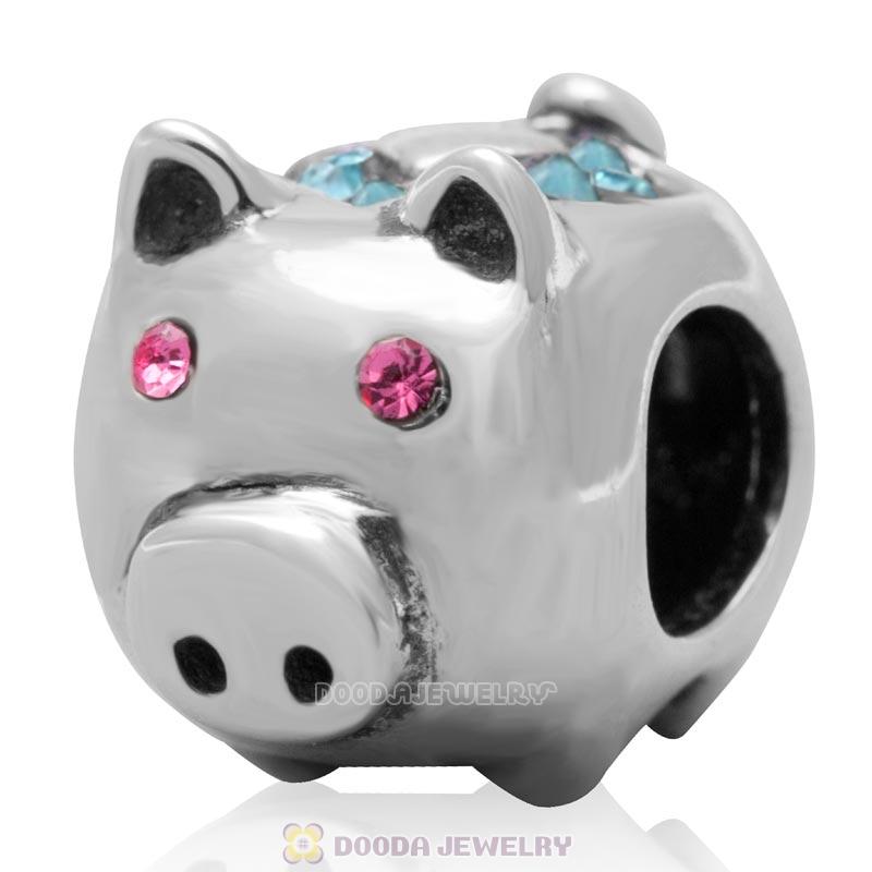 925 Sterling Silver Cute Pig with Aquamarine Love Crystal Charm Bead