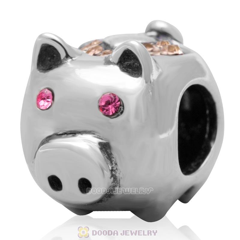 925 Sterling Silver Cute Pig with Lt Peach Love Crystal Charm Bead
