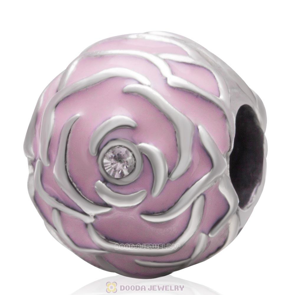 925 Sterling Silver Pink Rose Garden with Clear Crystal Charm Bead