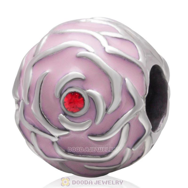 925 Sterling Silver Pink Rose Garden with Lt Siam Crystal Charm Bead