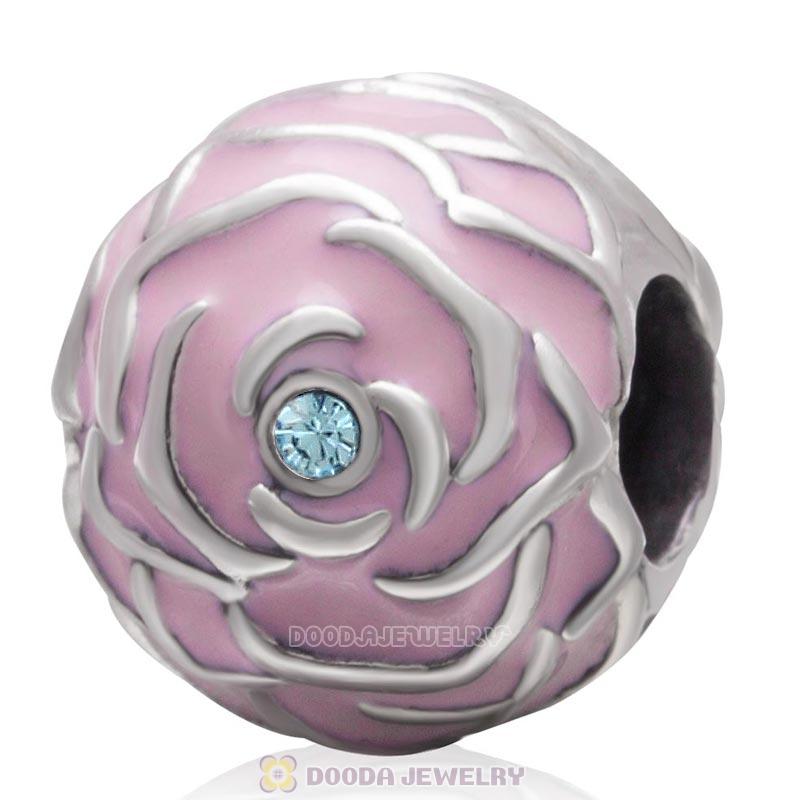 925 Sterling Silver Pink Rose Garden with Aquamarine Crystal Charm Bead