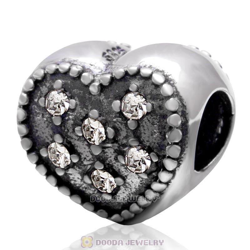 925 Sterling Silver Sparkly Clear Crystal Heart Charm Bead 