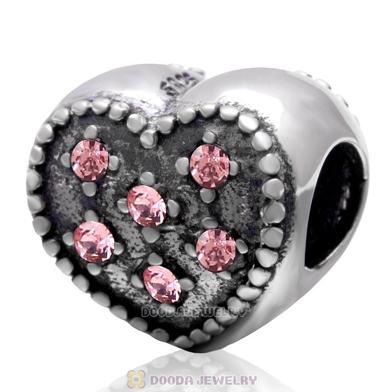 925 Sterling Silver Sparkly Lt Rose Crystal Heart Charm Bead 