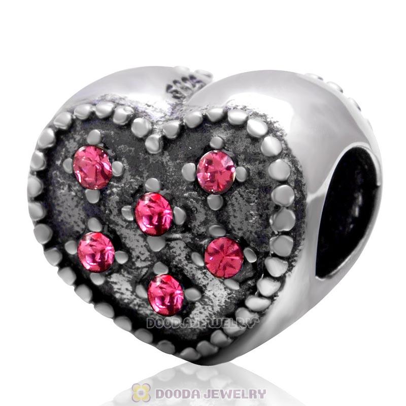 925 Sterling Silver Sparkly Rose Crystal Heart Charm Bead 