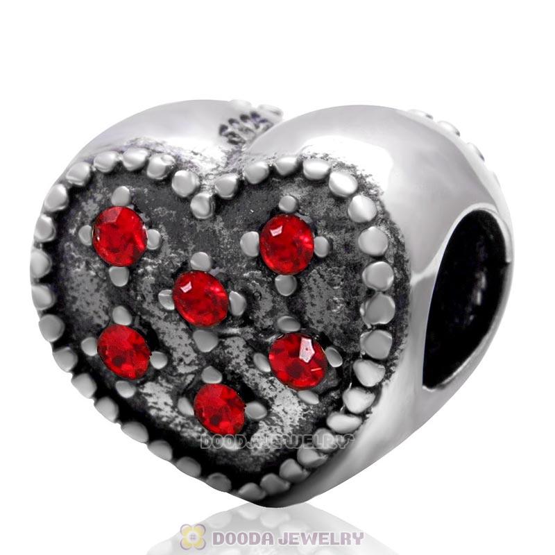 925 Sterling Silver Sparkly Lt Siam Crystal Heart Charm Bead