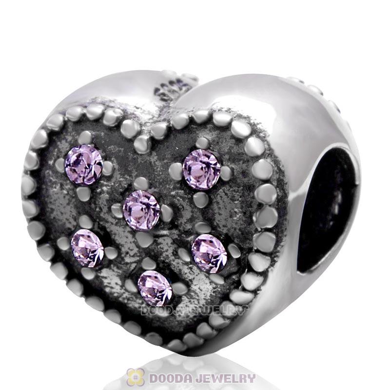 925 Sterling Silver Sparkly Violet Crystal Heart Charm Bead 