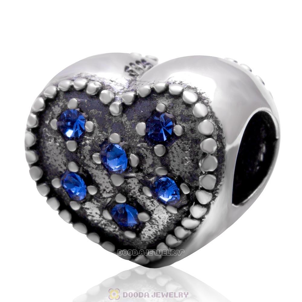 925 Sterling Silver Sparkly Sapphire Crystal Heart Charm Bead 