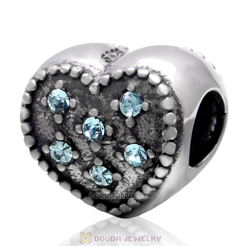 925 Sterling Silver Sparkly Aquamarine Crystal Heart Charm Bead 