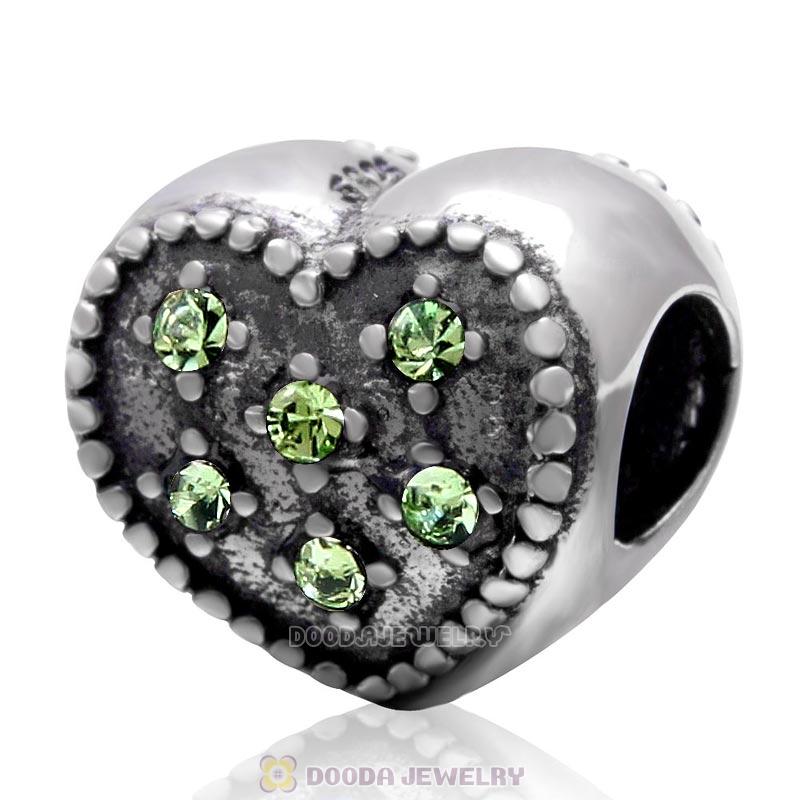 925 Sterling Silver Sparkly Peridot Crystal Heart Charm Bead 