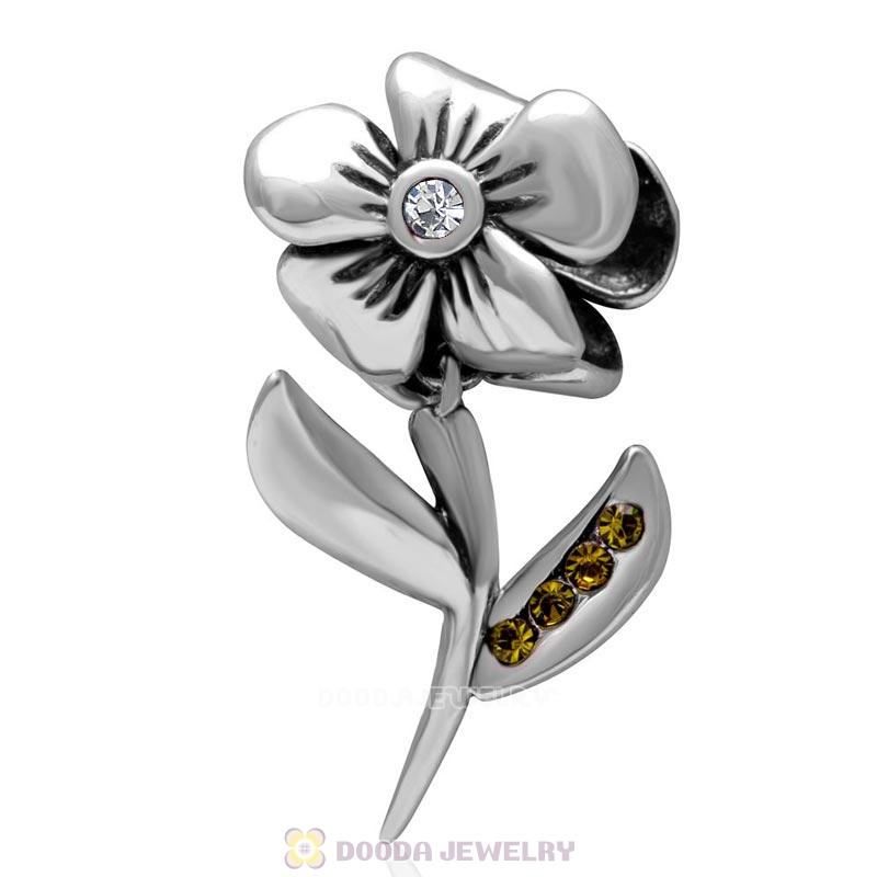 Hibiscus Flower with Clear Crystal Charms in 925 Sterling Silver