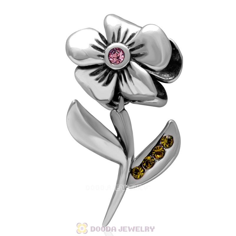 Hibiscus Flower with Lt Rose Crystal Charms in 925 Sterling Silver