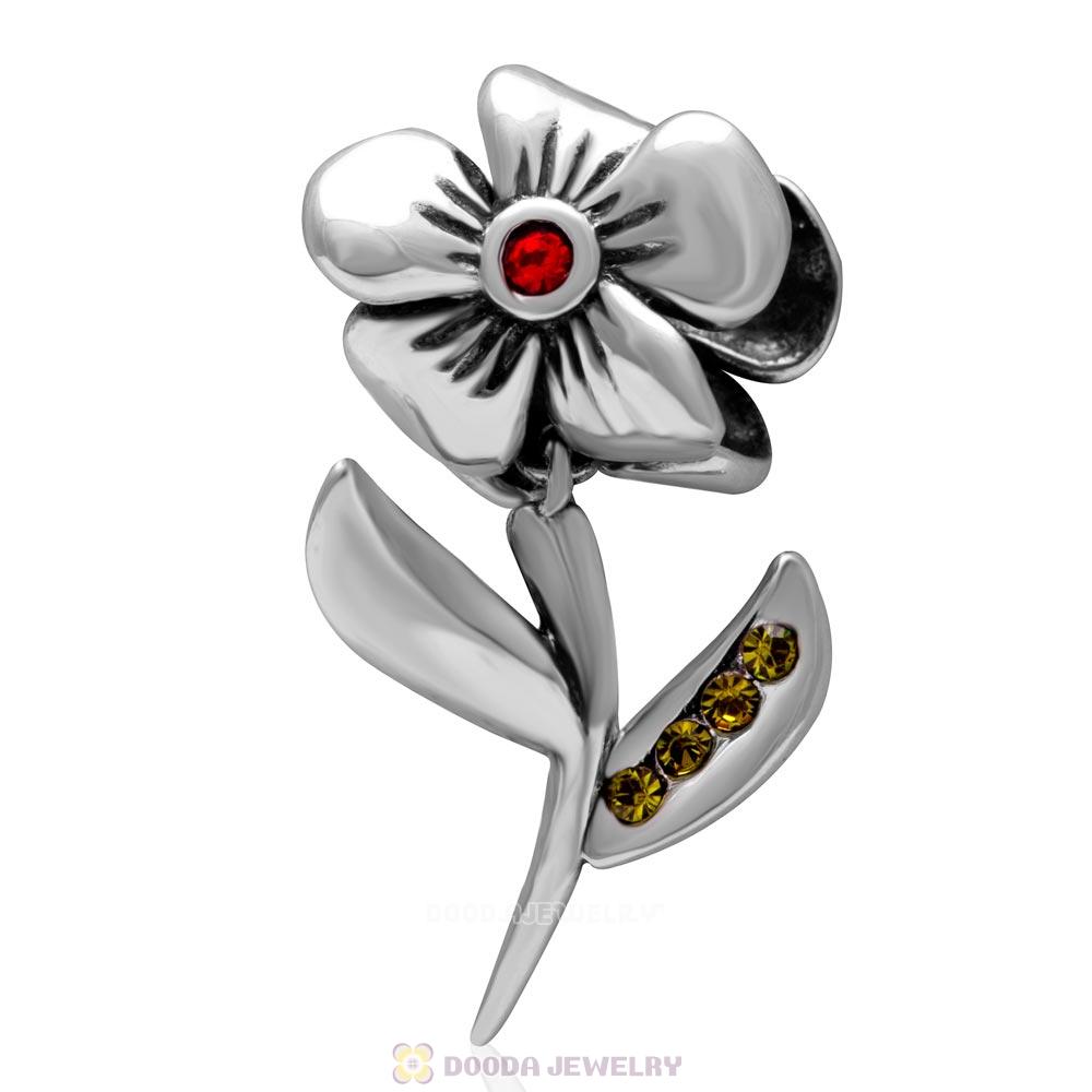 Hibiscus Flower with Lt Siam Crystal Charms in 925 Sterling Silver