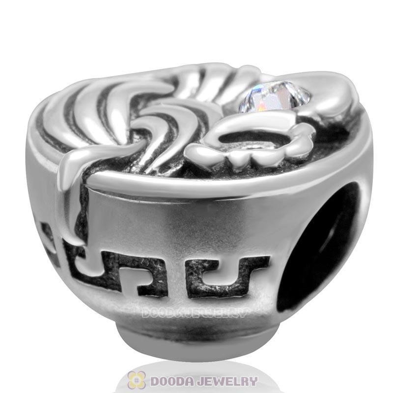 Bowl of Birthday Noodles with Clear Austrian Crystal in 925 Sterling Silver