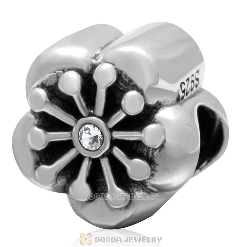 925 Sterling Silver Blooming Cherry Flower with Clear Crystal Bead 