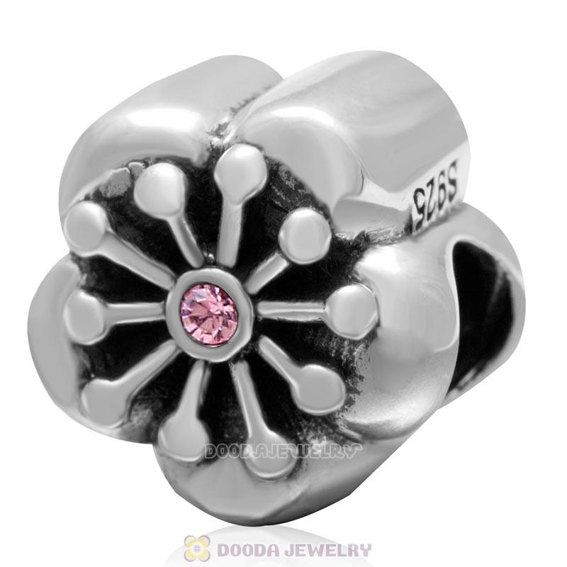 925 Sterling Silver Blooming Cherry Flower with Lt Rose Crystal Bead 