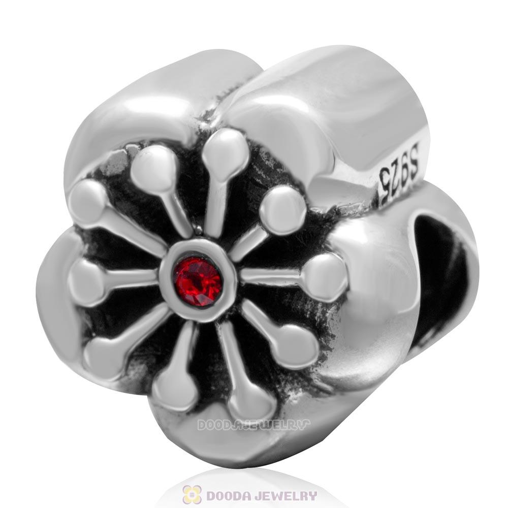 925 Sterling Silver Blooming Cherry Flower with Lt Siam Crystal Bead 