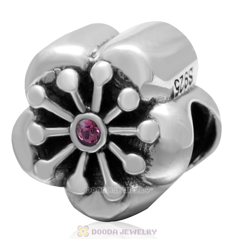 925 Sterling Silver Blooming Cherry Flower with Amethyst Crystal Bead 