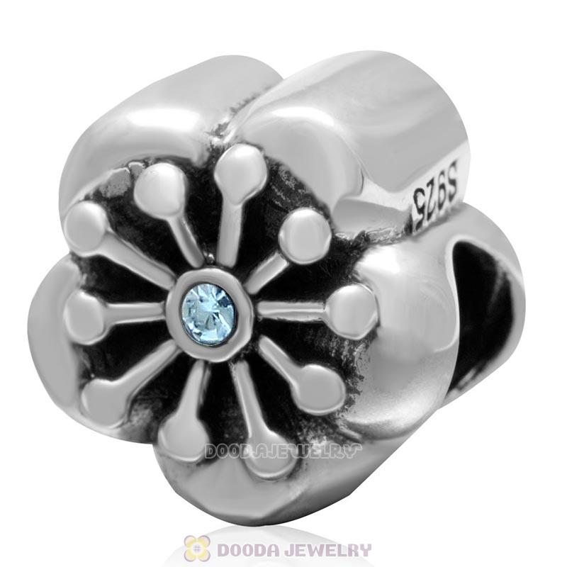 925 Sterling Silver Blooming Cherry Flower with Aquamarine Crystal Bead 