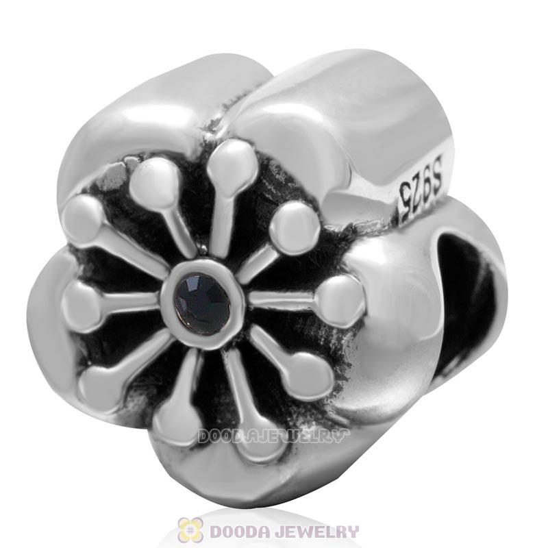 925 Sterling Silver Blooming Cherry Flower with Jet Crystal Bead 