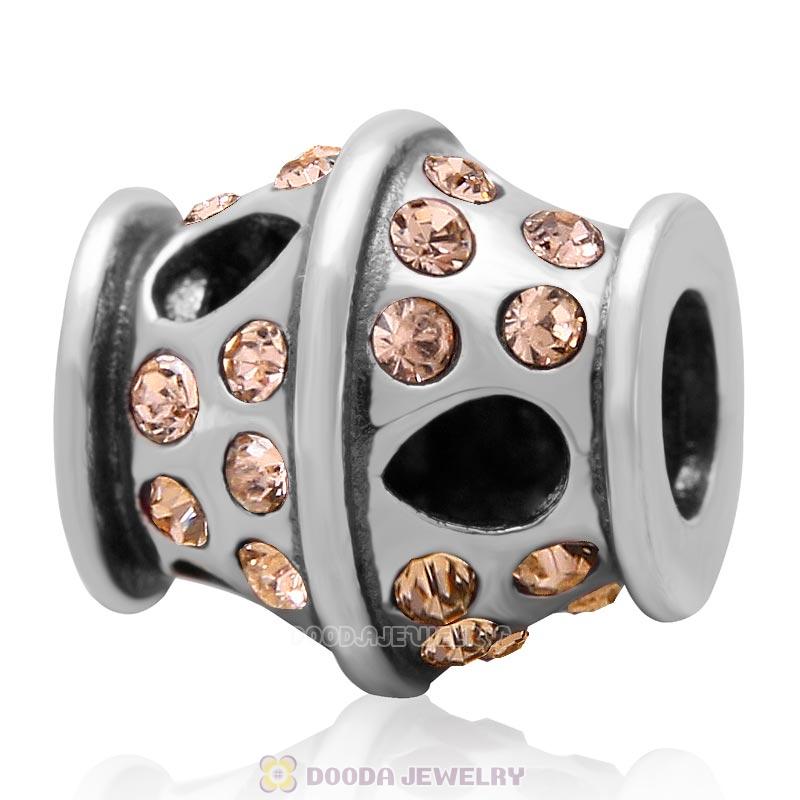 925 Sterling Silver Sparkling Bucket Charm Lt Peach Crystals Bead