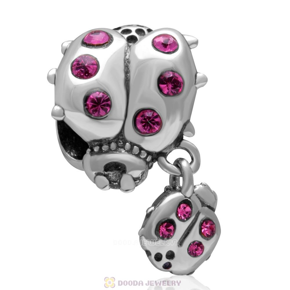 925 Sterling Silver Ladybug with Dangling Smaller Ladybug and Rose Crystals Charm Bead