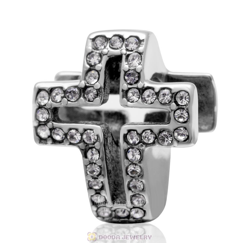 Clear Crystal Pave Christian Cross Charm 925 Sterling Silver 