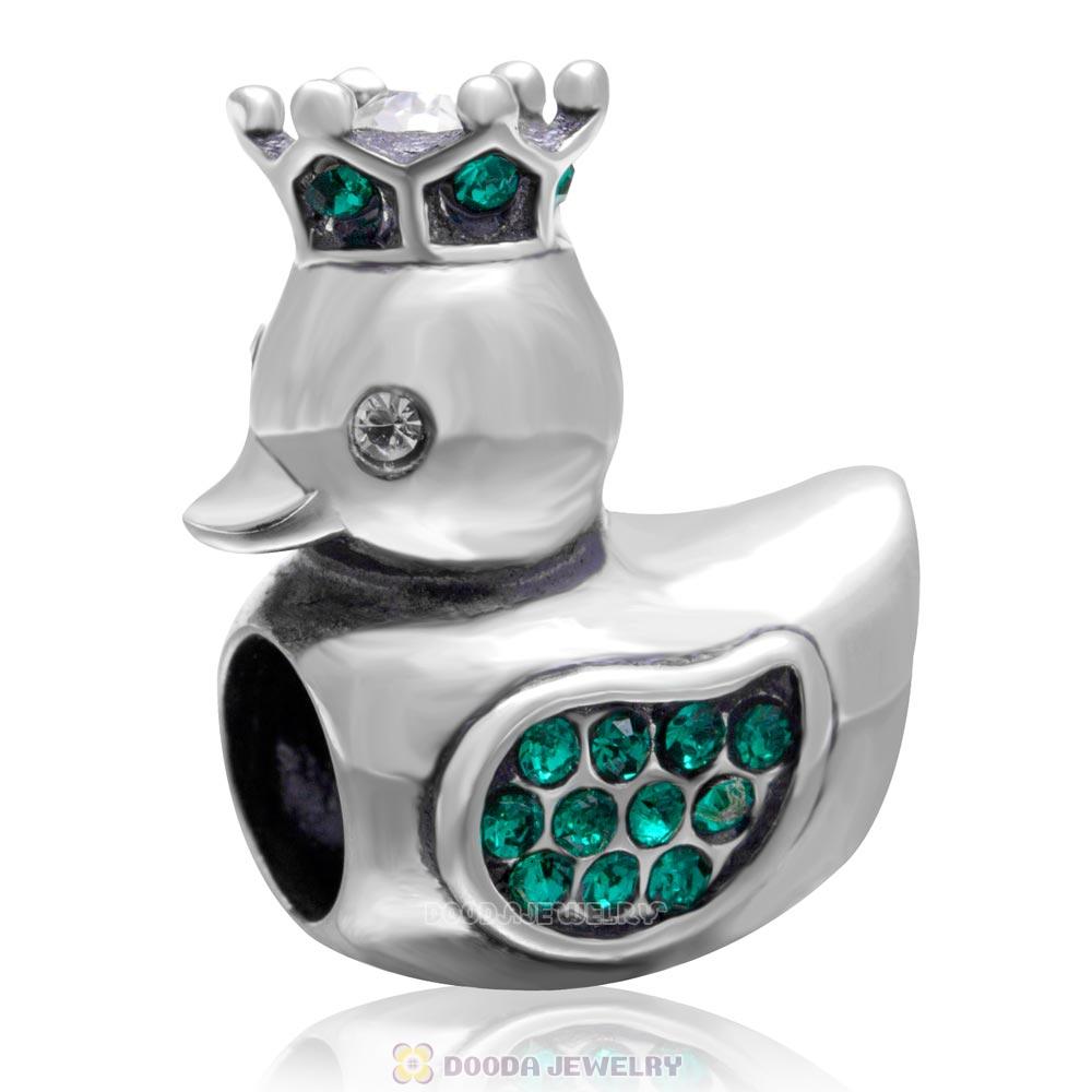 Pleasing Duck Crown Emerald Crystal Charm 925 Sterling Silver
