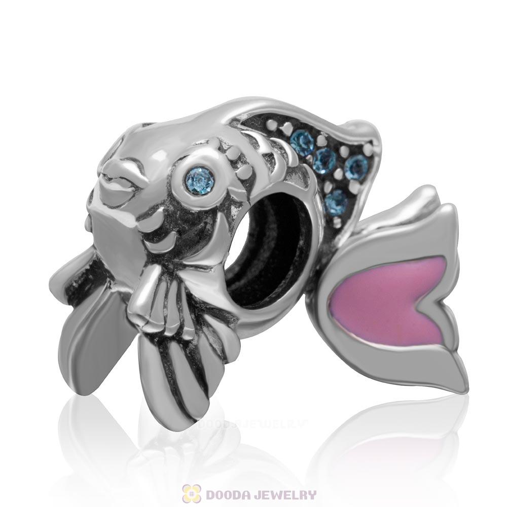 Cute Fish Charm with Aquamarine Crystal and Pink Movable Tail in 925 Sterling Silver 