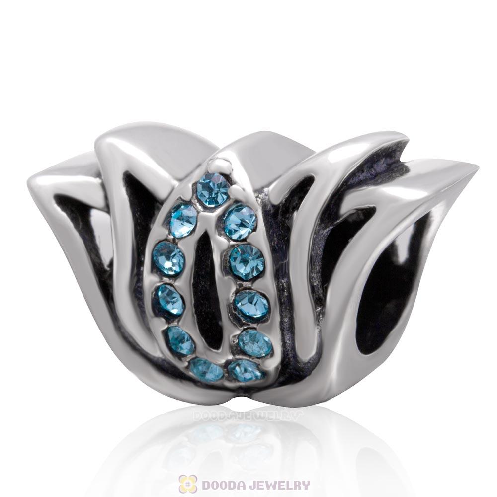 Tulip Flower Bead and Charm with Aquamarine Crystal 925 Sterling Silver
