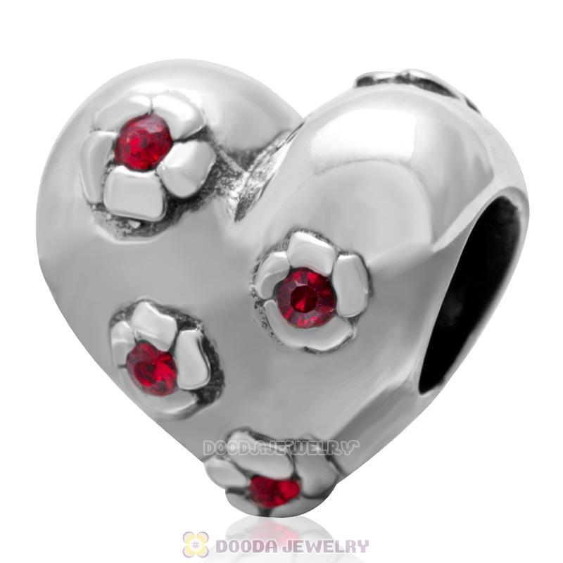 925 Sterling Silver Sweet Heart Bead with Lt Siam Crystal Flower Charm